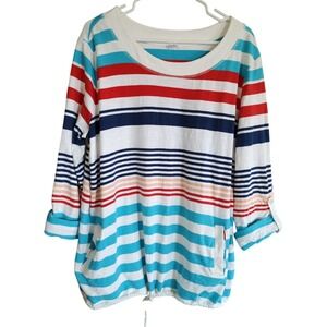 Sun‎ Bay Striped Shirt Womens Extra Large Beach Drawstring Waist Roll Tab Sleeve
